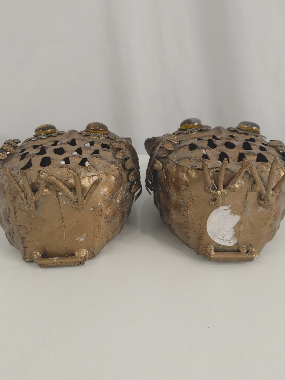 Vintage Metal Owl Tealight Candle Holders Pair 1970s Amber Glass Eyes 5.5" Retro - Picture 7 of 9